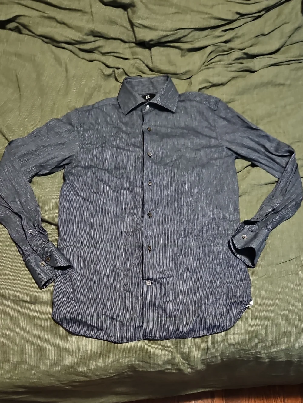Men's Black/Navy Textured Button-Down Shirt - Linen Blend